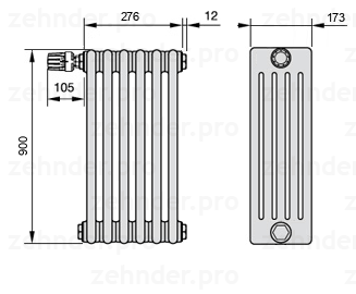Схема (чертеж) Радиатор Zehnder Charleston 5090/6 №V012 Белый глянцевый RAL 9016